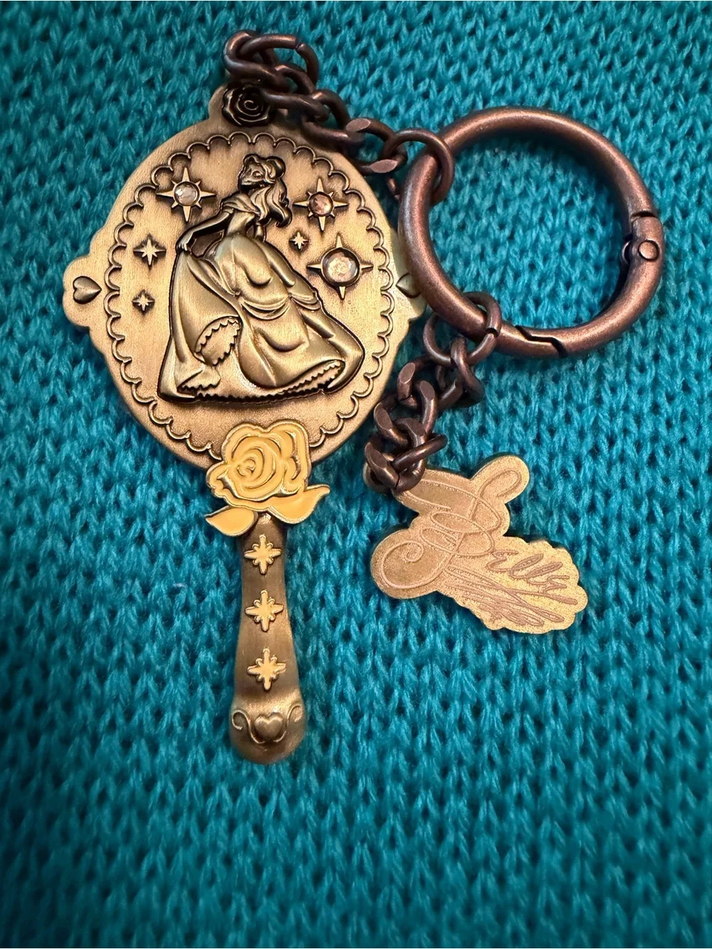 Disney Belle Gold-Tone Mirror Keychain Bag Charm with Yellow Rose Accent